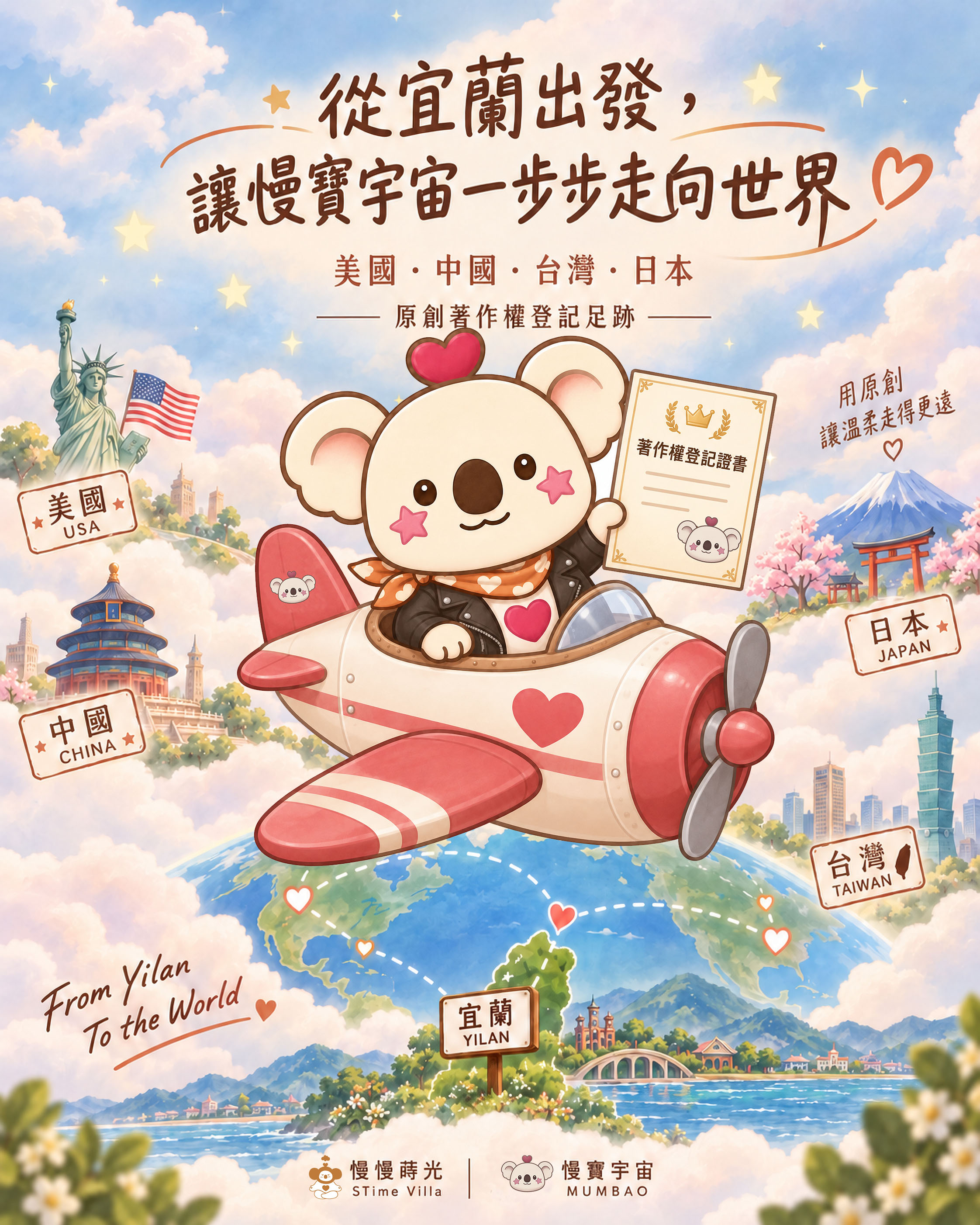 慢寶乘著飛機,帶著原創著作權登記足跡從宜蘭走向世界